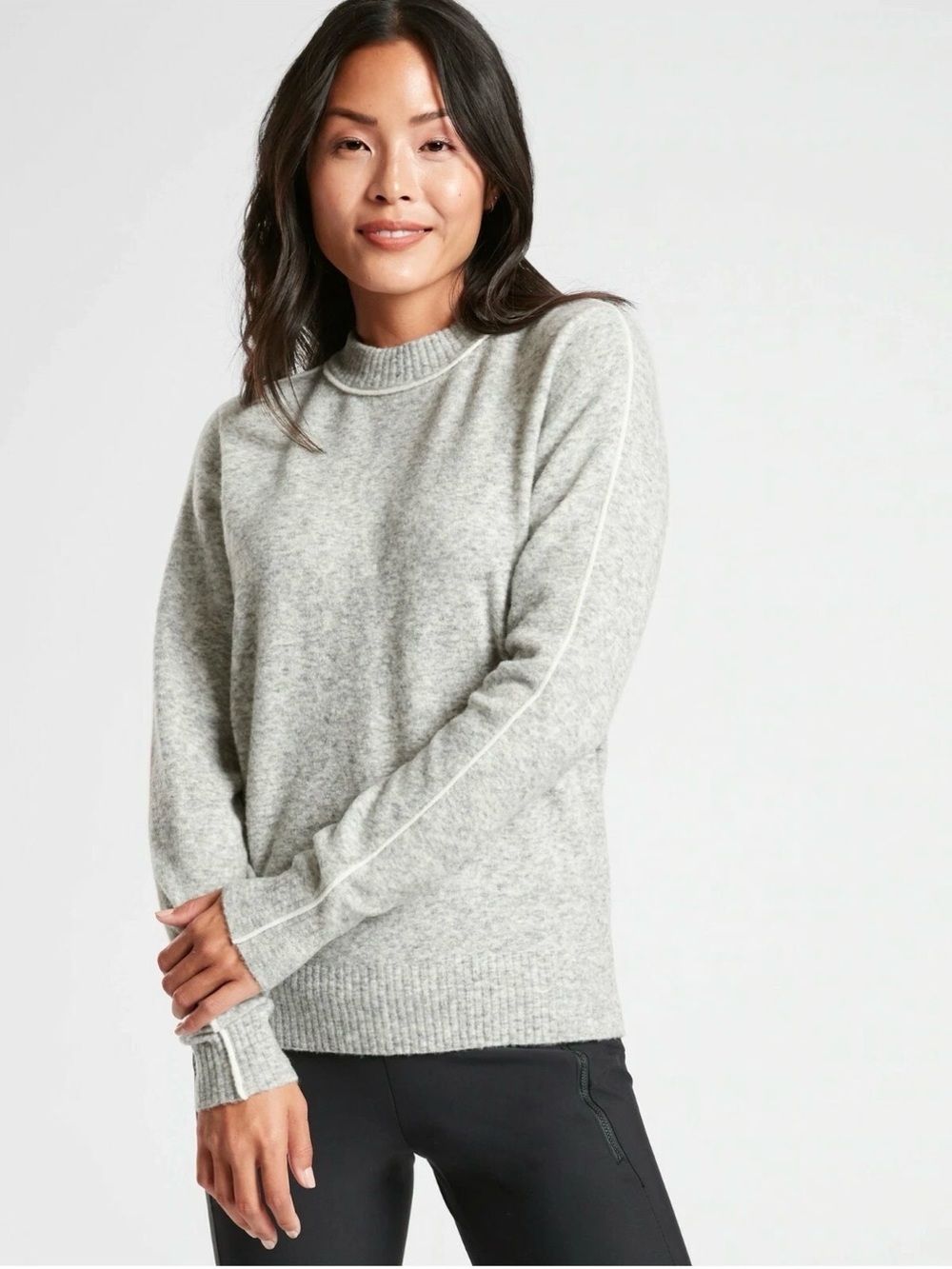 Athleta Heather Gray Merino Wool Blend Crewneck Sweater with Contrast Piping